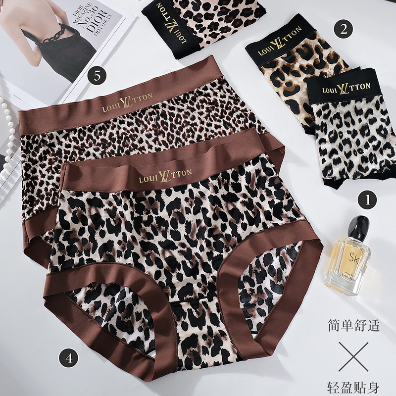 Leopard print ladies underwear milk silk plus size fashion sexy high elastic high waist antibacterial crotch ice silk underwear women