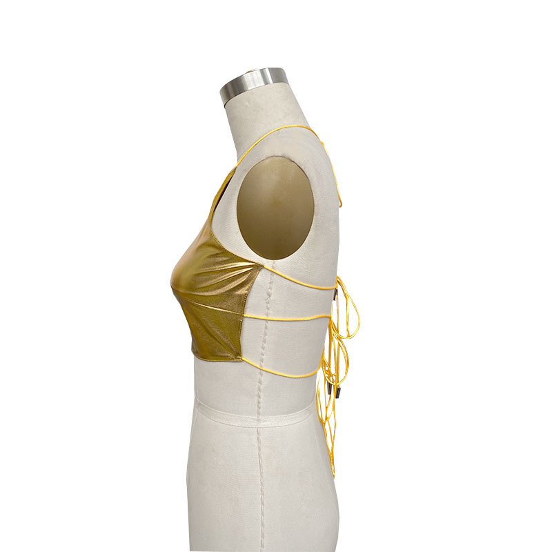 Short Top Length Round Neck, Halter Neck Neckline Wholesale Women'S Fashion Solid Color Pink Blue Gold Patchwork Straps Hollow Out Tank Tops