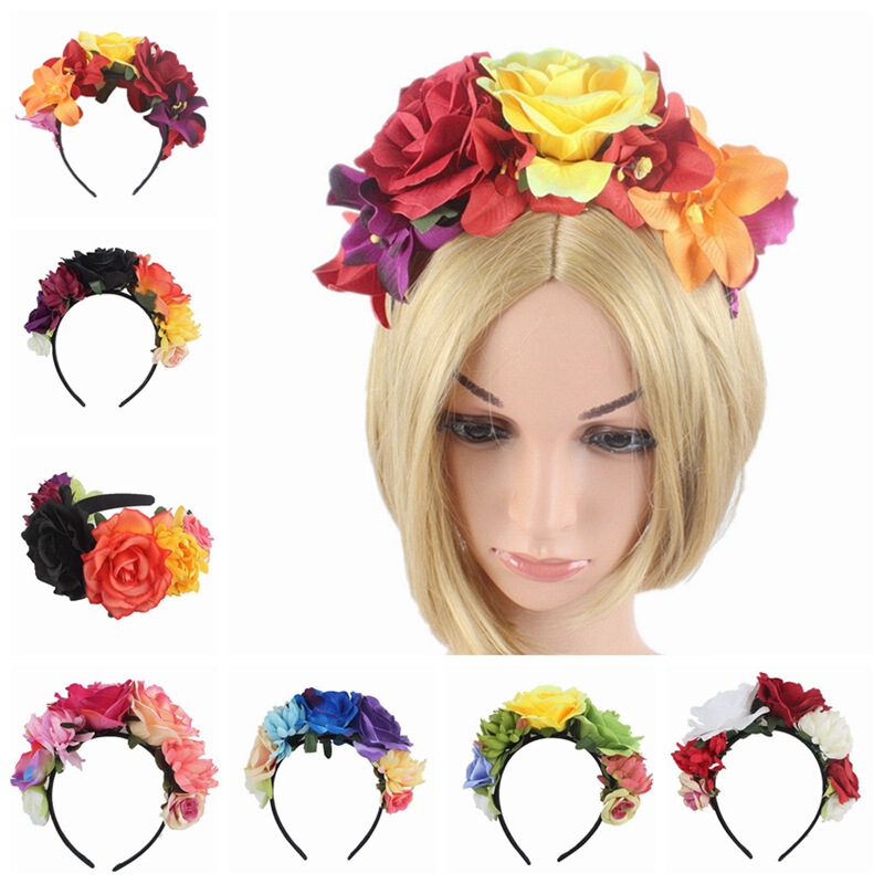 Halloween Costume Party Headband Retro Faux Black Red Orange Rose Flower Headband Photo Shoot Holiday Hair Accessory for Women