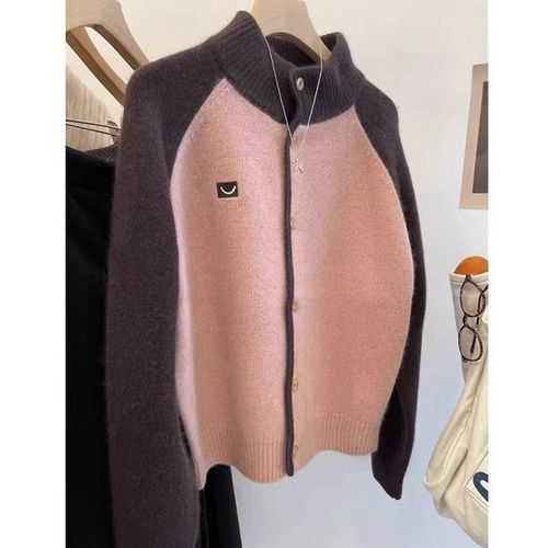 Languid Contrast Color Crew Neck Knit Cardigan Fashion Autumn/Winter New Design Trend Comfy Soft Wool Sweater Outerwear
