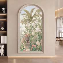 法式复古弧形玄关装饰画热带花鸟拱形壁画入户走廊过道竖版壁纸3d