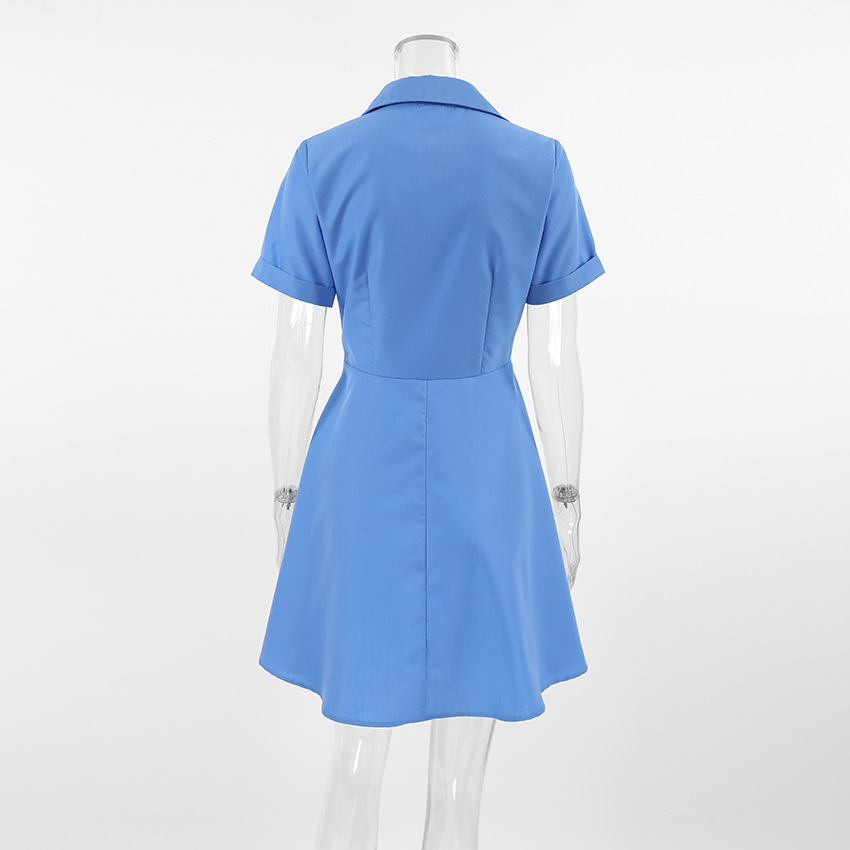 Spring Summer Casual Vitality Blue Collared Short Sleeve Slim Fit Sexy Design Dress Niche Office Dress
