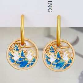 新中式仙鹤滴油耳环古风时尚女高级感轻奢山水画精致国风耳饰