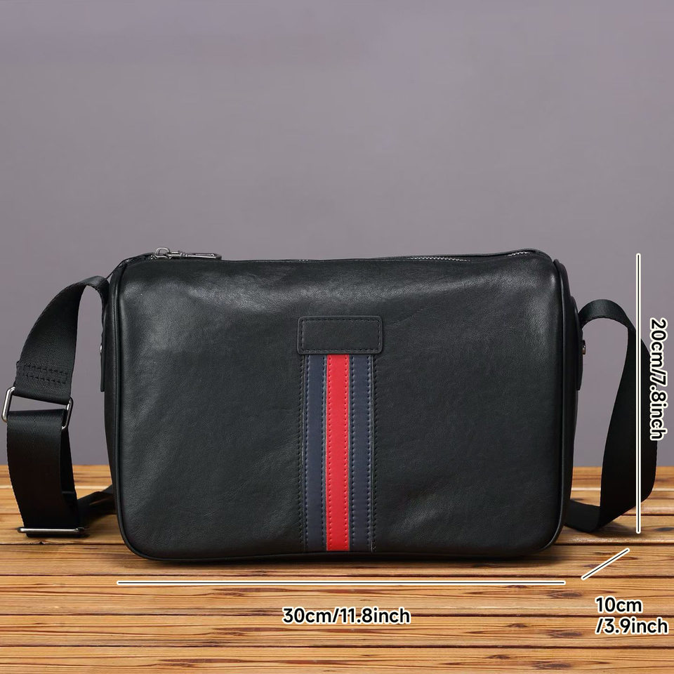 Túi đeo chéo nam da bò lớp đầu tiên, túi đeo vai thời trang casual, đựng được máy tính bảng 8 inch — màu đen chi tiết 9