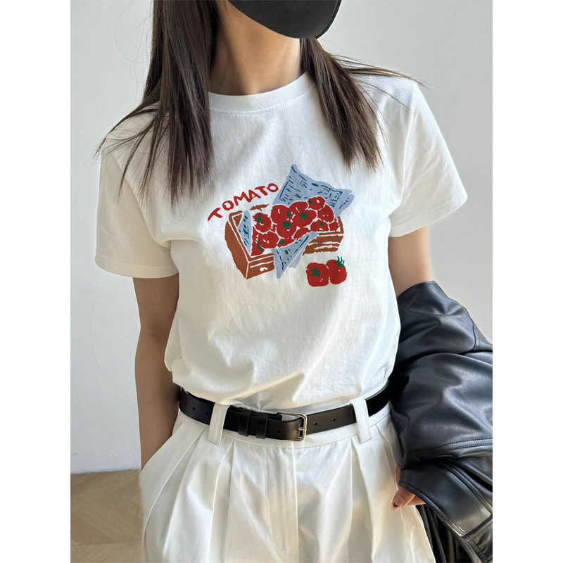 Korean 2025 Summer New Niche Printed Short-Sleeved Women's Comfortable Milk Silk Top Basic Bottoming T-Shirt for Women