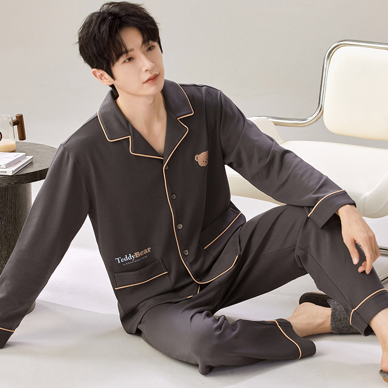 2025 Spring New Pajamas Men's Long Sleeve Imitation Cotton Lapel Cartoon Loose Boys Teenagers Home Clothes Set