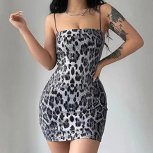 欧美性感热销新款时尚豹纹印花街头风夜店百搭吊带珠片连衣裙女装