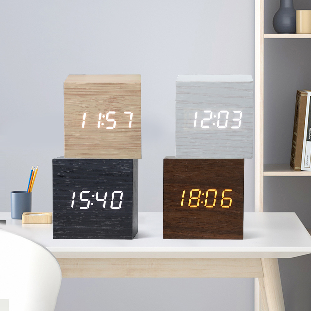 Reloj despertador LED de madera, diseño creativo, mini cuadrado digital con termómetro, fabricante directo
