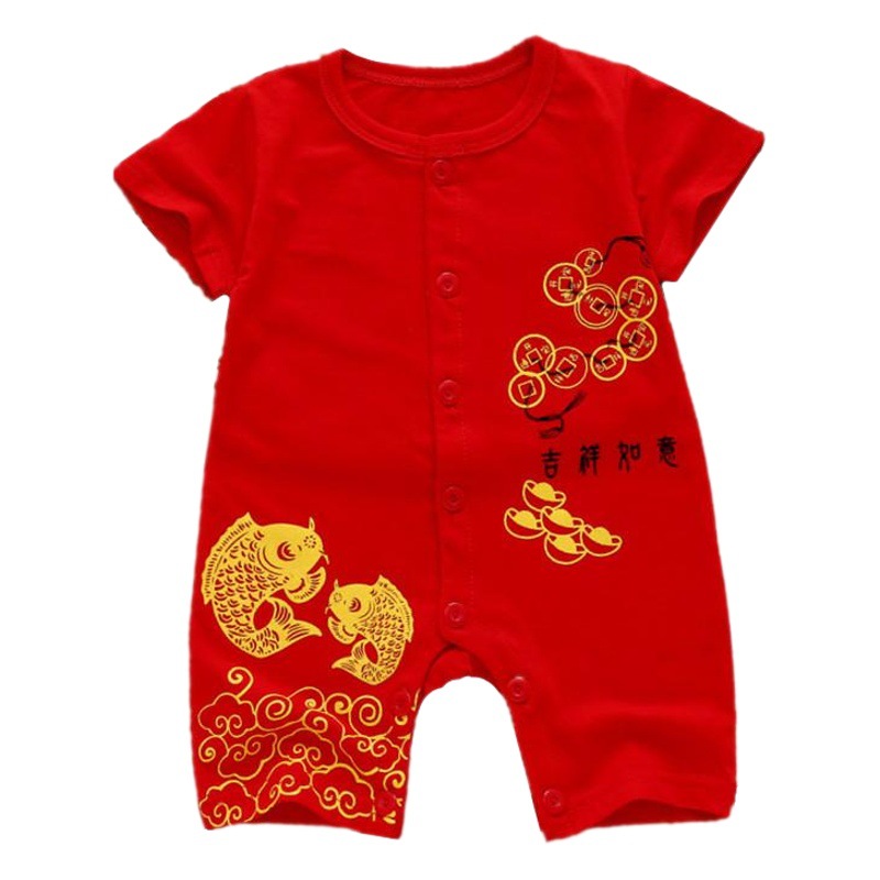 Bebé rojo luna llena ropa de verano delgada de manga corta bebé 100 días festivo mono recién nacido ropa de año nuevo