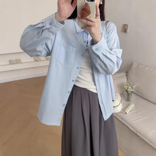 纯棉衬衫女士春秋新款宽松大码外套长袖蓝色衬衣复古韩版简约上衣
