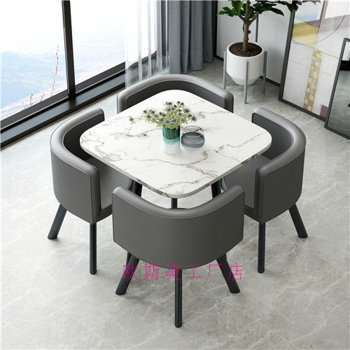 사각 흰색 모조 대리석 회색 가죽 의자