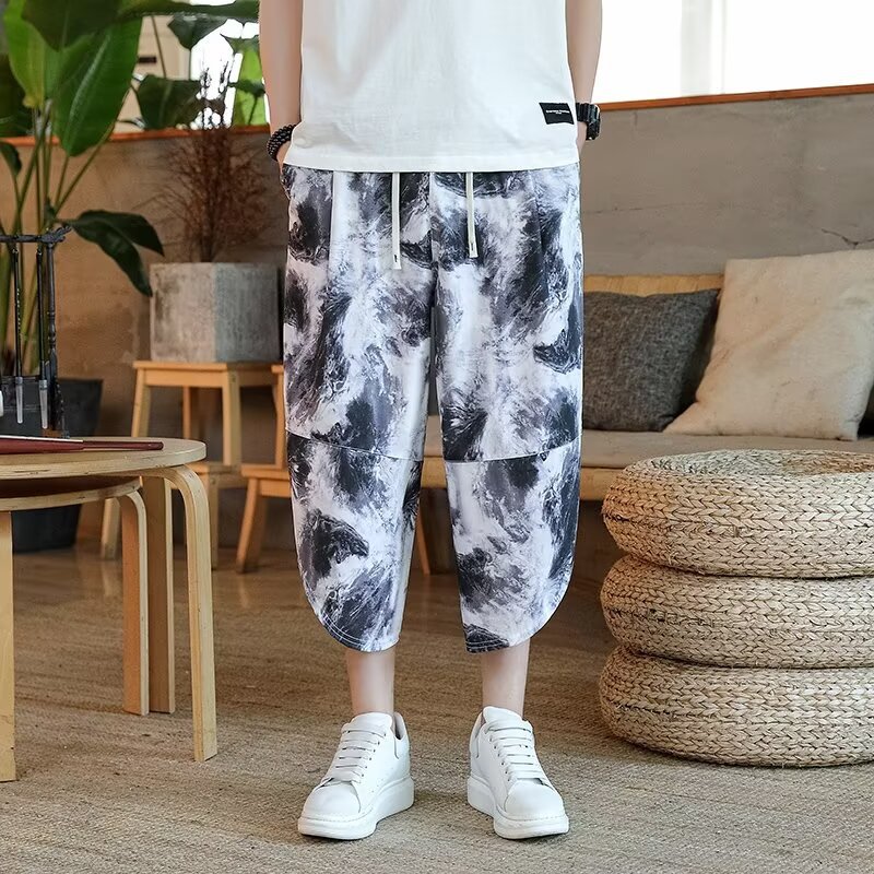 休闲短裤男夏季冰丝薄款七分运动马裤宽松大码潮牌7八分哈伦裤子