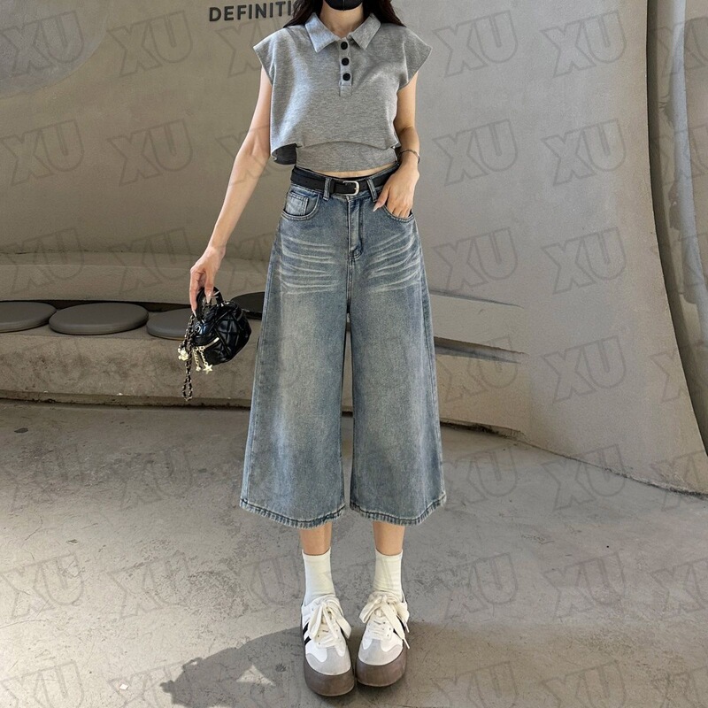 Vintage High-Waisted Versatile Wide-Leg Cropped Denim Shorts for Women, Summer 2026 New Fashion Casual Loose Straight Pants