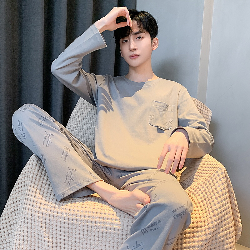 Pijamas de algodón para hombres de primavera y otoño de manga larga delgada Juventud de mediana edad casual de algodón suelto más el tamaño de desgaste para el hogar traje de hombre