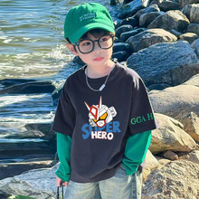 男童春秋装长袖T恤新款儿童春秋款卡通假俩件打底衫男孩秋季潮