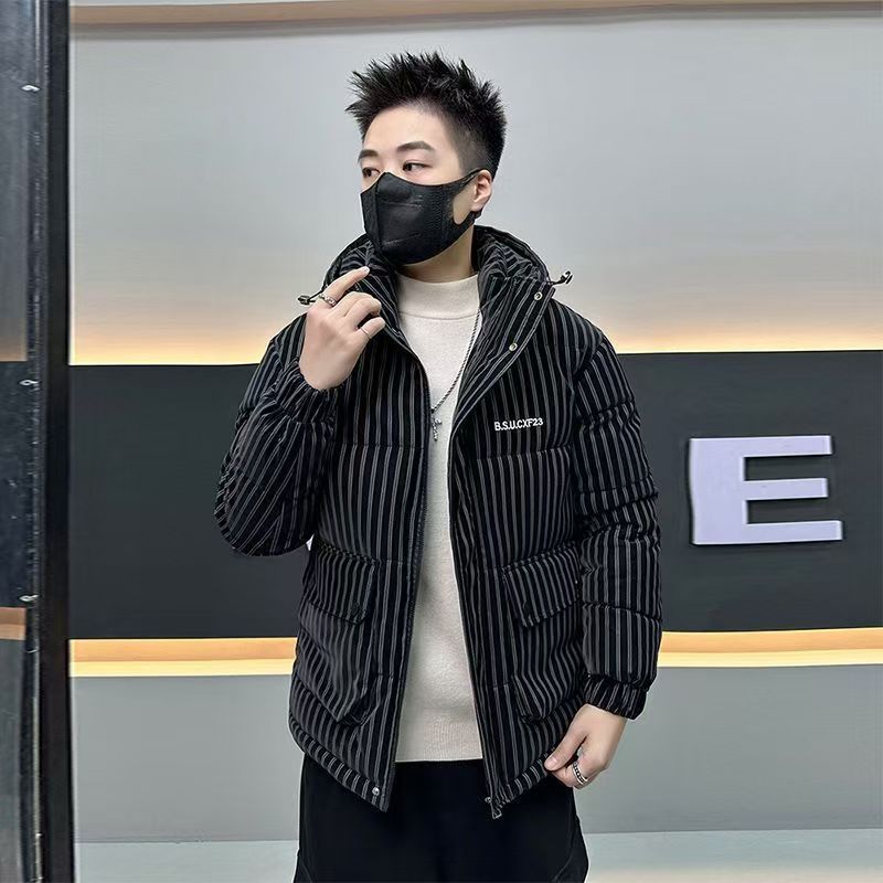 [매우 차가운 시리즈] 두꺼운 후드 다운 코튼 다재다능한 패션 스트라이프 따뜻한 짧은 캐주얼 느슨한 코트
