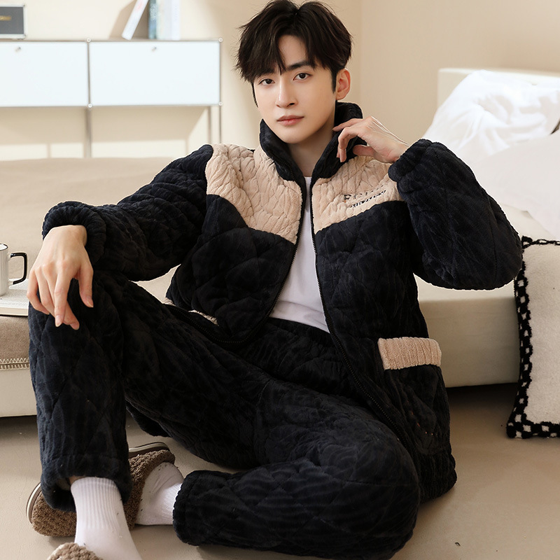 (2개) 남성 잠옷 겨울 새 산호 벨벳 3 층 퀼트 두꺼운 플러스 벨벳 따뜻한 겨울 초대형 겉옷 집에서 입는 옷