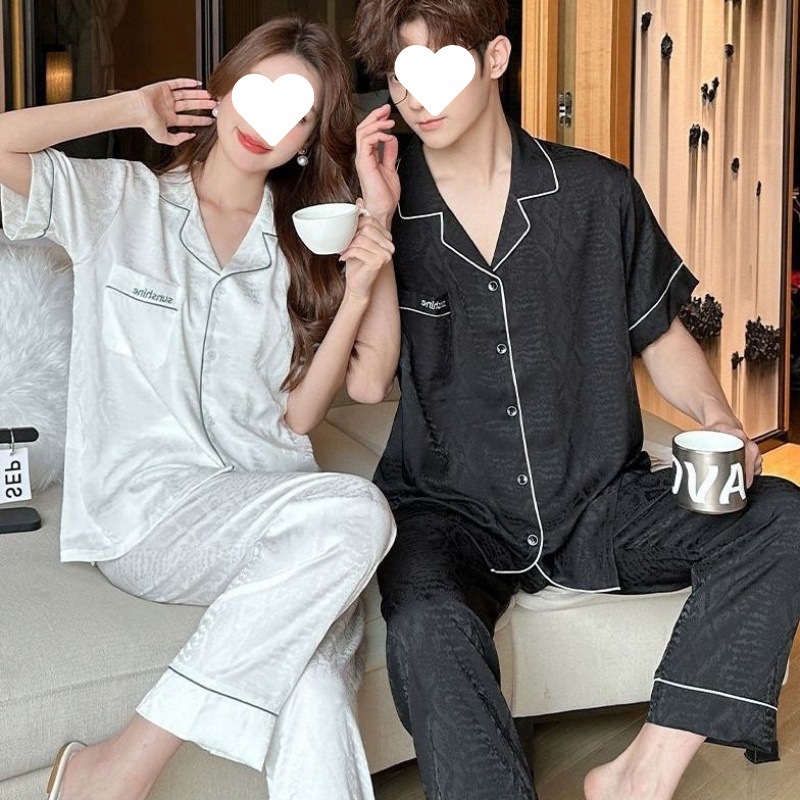 커플 실크 잠옷 긴팔 바지 플러스 사이즈 남성과 여성의 뽕나무 실크 여름 컬러 투피스 양복 실크