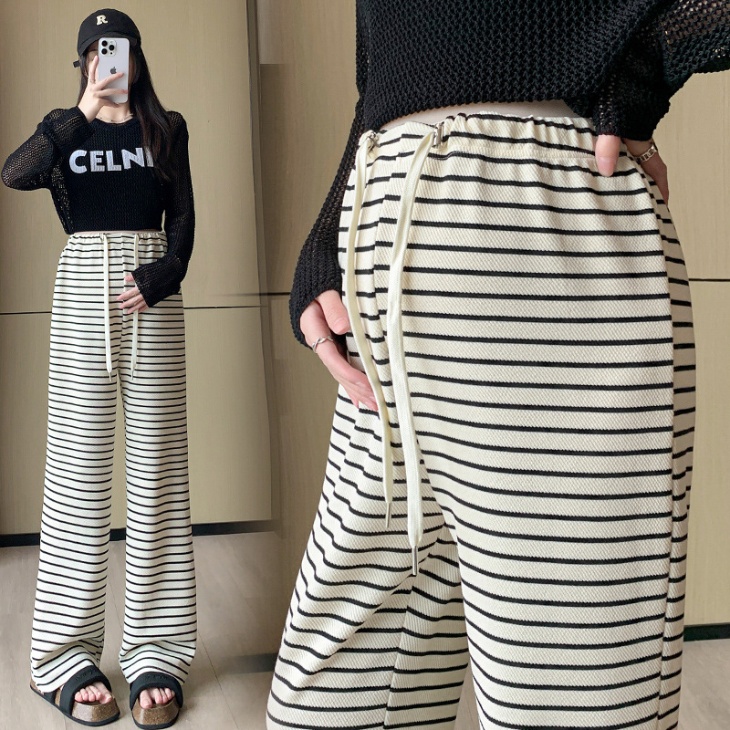 Pregnant Women Knitted Wide Leg Pants Women's Spring and Autumn Outer Wear 2024 New Loose Striped Long Pants