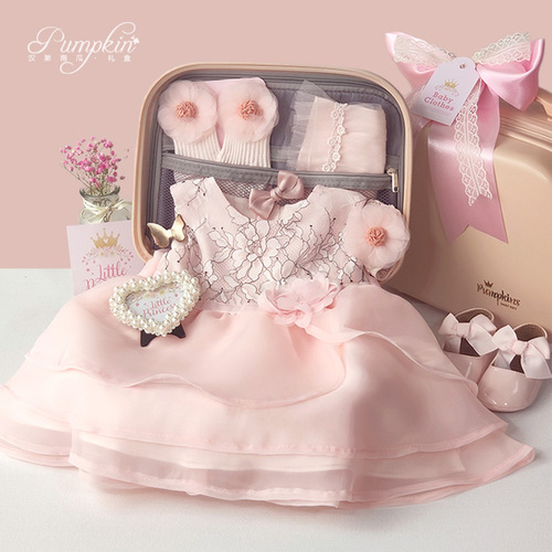Baby High-End Gift Box Newborn Princess Dress Skirt 100th Day Birthday Party Lace Pink Clothes Set Spring Summer