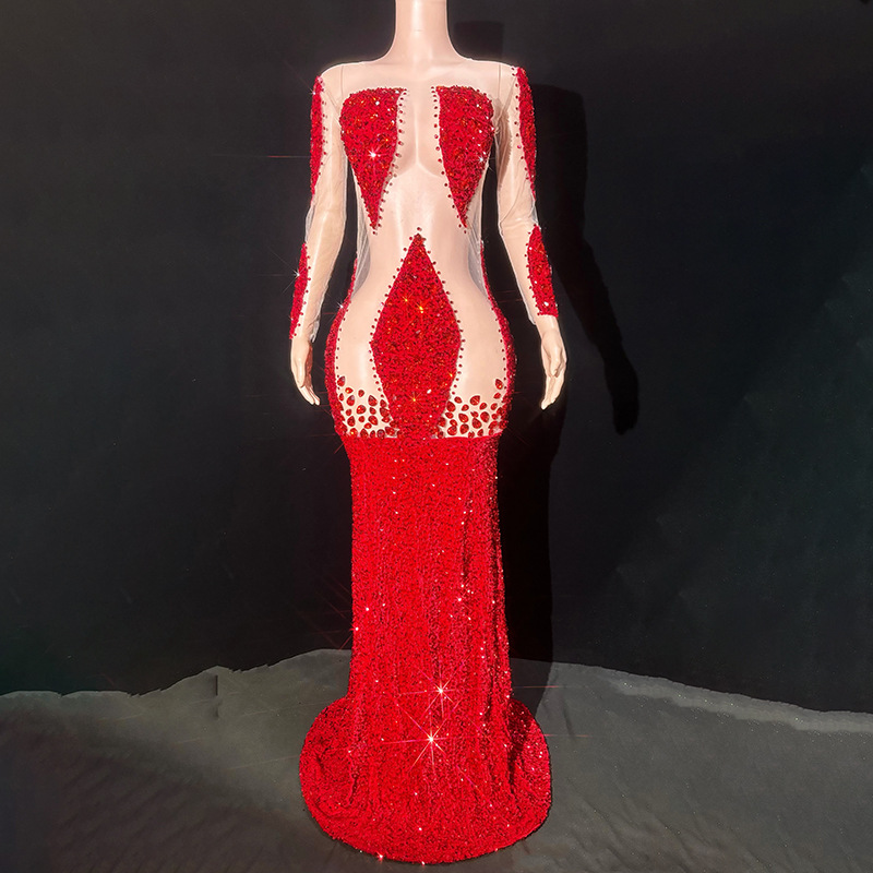 Summer New Red Mesh Nightclub Bar Temperament dress Singer Coat Company Annual Meeting Dance Evening Dress