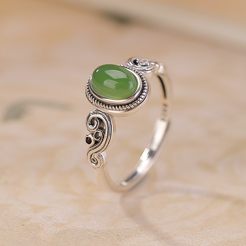 Nhẫn bạc S925 đính ngọc Hetian Jasper cabochon họa tiết đám mây phong cách Trung Hoa vintage — một mảnh