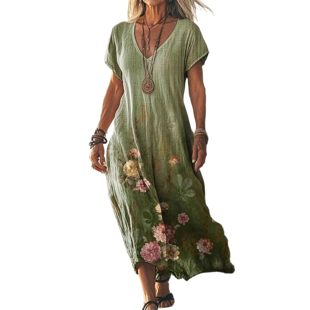 Creative Floral Women's Summer V-Neck Short Sleeve Dress, Mid-Length Dress_ecoleips.com