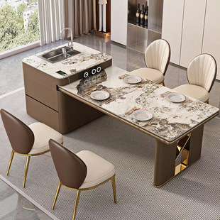 Solid Wood Light Luxury Slate Island Dining Table and Chair Combination with Sink Track Socket Guide Table Multi-Functional Cooking Bar Table