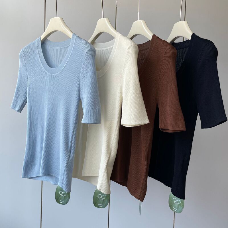 Jin's Triacetate + Cotton Is Light and Dry! Goose Egg Collar Fine Pit Strips Elegant Slimming Look Short-Sleeved Knitwear for Women Summer