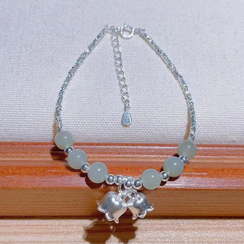 Organic silver bracelet jade, 925 sample silver, orchid