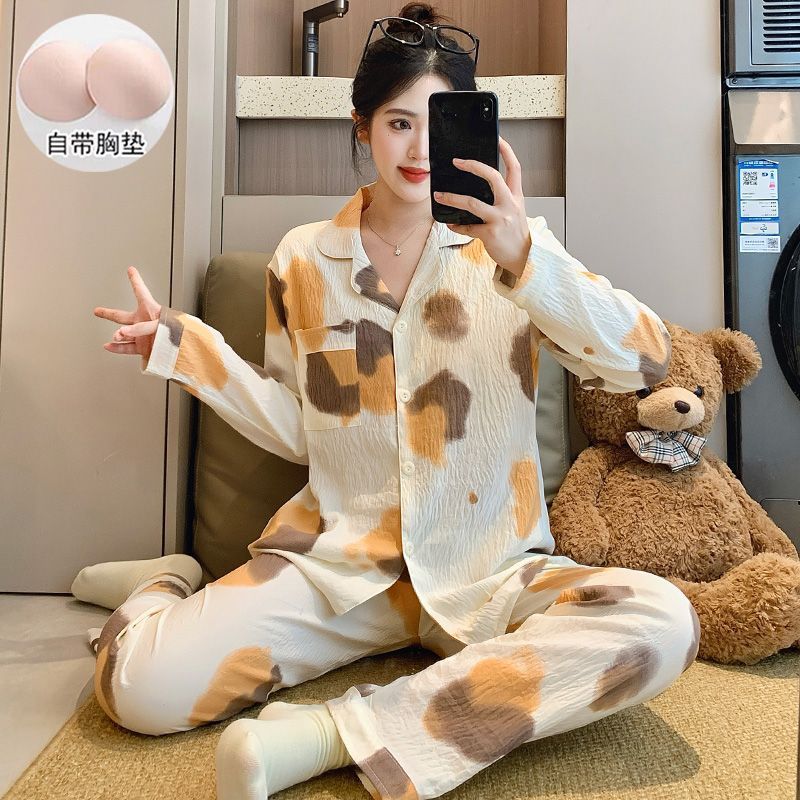 新中式睡衣女春秋季新款带胸垫云朵棉刺绣开衫长袖宽松家居服套装|undefined