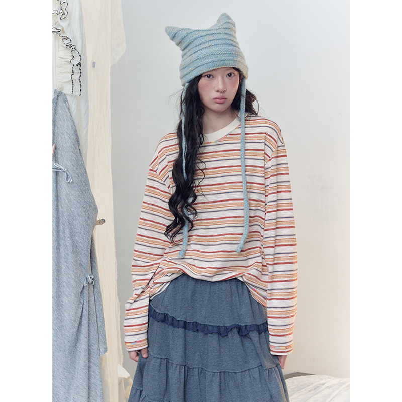 Wholate Spring and Autumn Unisex Korean Style Jam Orange Fine Striped Loose Straight Silhouette Long Sleeve T-Shirt 26W62