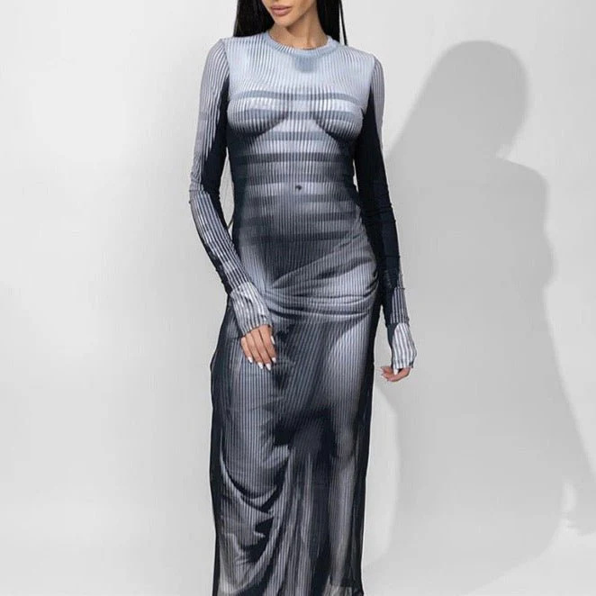 Sexy 3D Human Body Print Long Dress Women Aesthetic Long Sleeve Sexy Body Shaping Dress Party Y2K dress