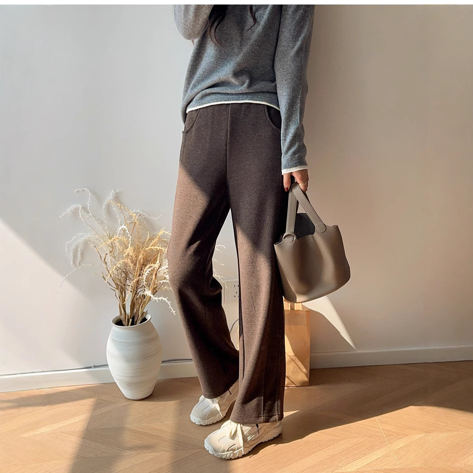 부드러운 왁스 덤핑 헤링본 패턴 가을과 겨울 엘라 스토 탄성 허리 슬리밍 두꺼운 따뜻한 느슨한 울 바지 스트레이트 울 바지 여성용