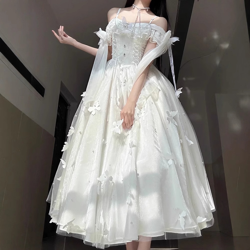 White Sling Evening Dress Birthday Banquet Adult Ceremony Temperament Princess Dress Fairy High-end Butterfly Design Dress
