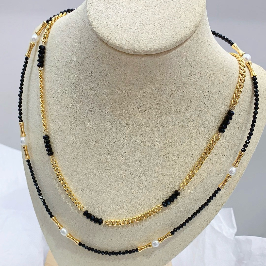 鄂豪珠宝 18K金古巴黑碧玺项链竹节黑尖晶项链轻奢小众锁骨链