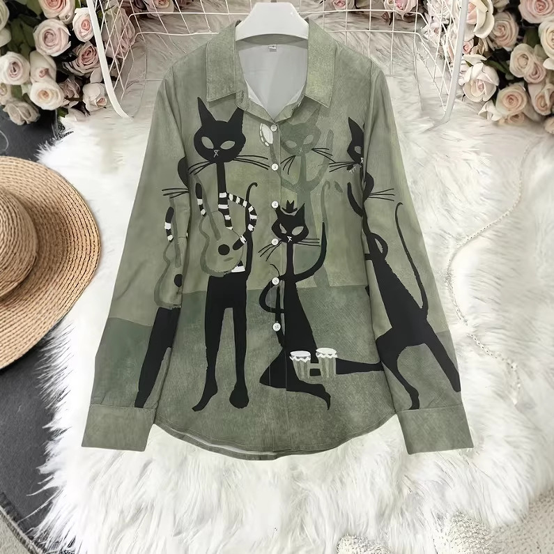 2026 New Cross-Border Fashion 3D Cartoon Cat Pattern Printed Men's Casual Long-Sleeved Shirt 2026 New Cross-Border Fashion 3D Cartoon Cat Pattern Printed Men's Casual Long-Sleeved Shirt