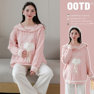 New Real Shot 2024 Autumn and Winter Maternity Dress Loose Lazy Navy Collar Pullover Embroidered Love Sweater