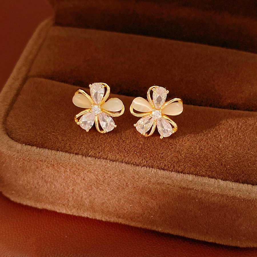 18k oro real chapado agujas de plata zircon piedra de ojo de gato pernos de flores delicados pendientes de aretes de lujo ligero de alto nivel image 7