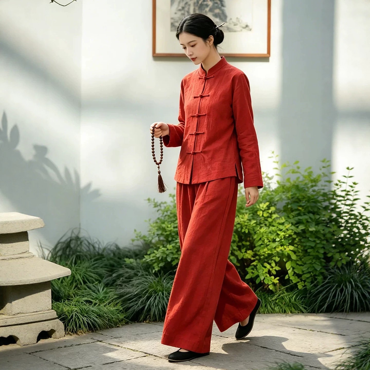 红色高级禅服女套装新中式禅意佛系女装寺院拜佛素衣修行居士服秋