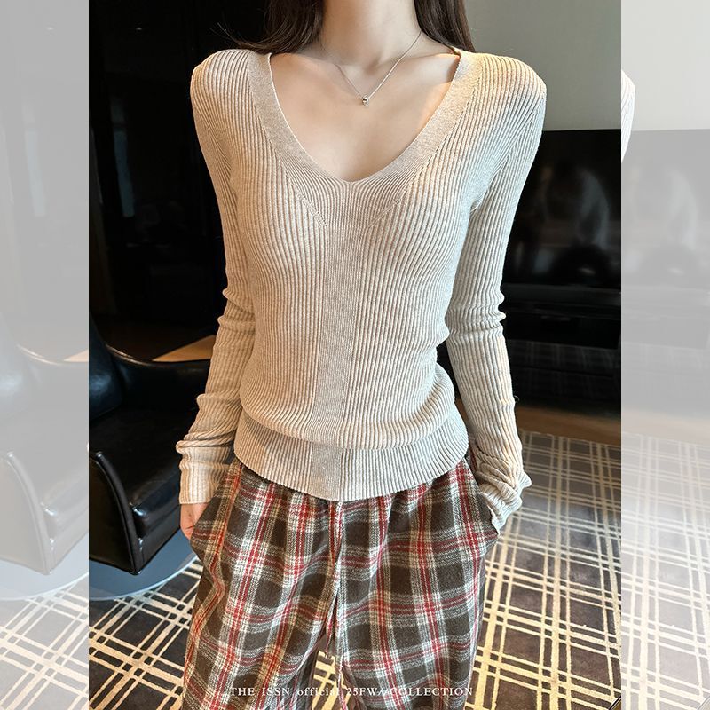 Korean Style Exquisite Slim-Fitting Knitwear Long-Sleeved Knitwear Feminine V Neck Flesh-Covering Knitwear Bottoming Shirt Top Autumn and Winter