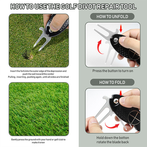 New fish type golf green fork folding spring ball fork metal head repair pitchfork course supplies manufacturer