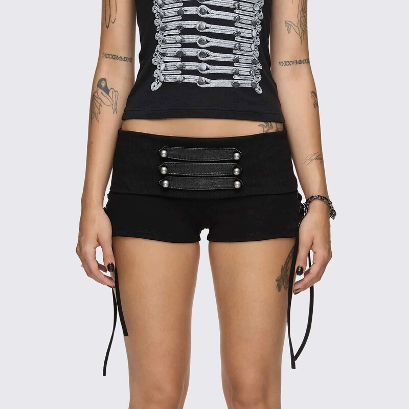 y2k women's low-waist tie-up shorts, vintage punk style with rivet embellishments, slim-fit black mini shorts