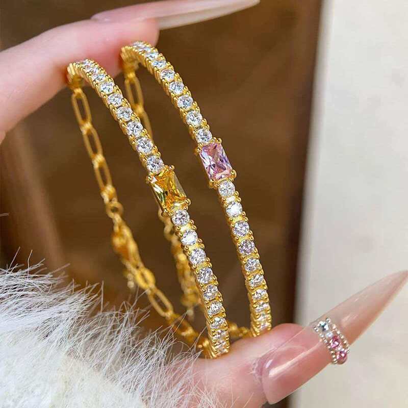 Gold-Colored Full Diamond Tennis Bracelet, Simple and Fashionable, Light Luxury, High-End Feel, New Style, Sparkling Imitation Gold Hand Jewelry Gold-Colored Full Diamond Tennis Bracelet, Simple and Fashionable, Light Luxury, High-End Feel, New Style, Sparkling Imitation Gold Hand Jewelry