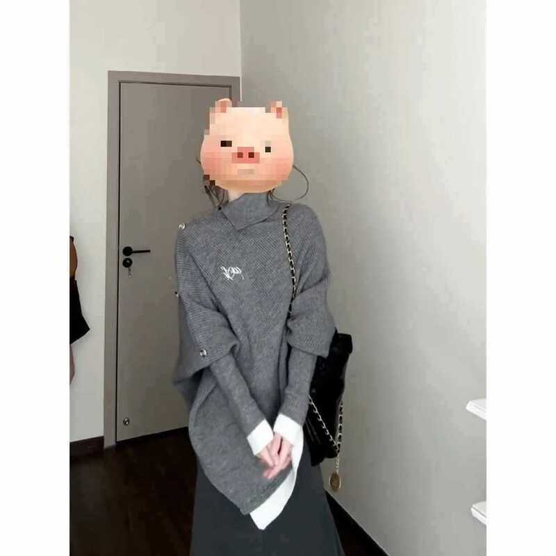 Two-Piece Set Korean Retro Style Petite High-Neck Irregular Cape Knit Sweater for Women + Fishtail Long Skirt Two-Piece Set Korean Retro Style Petite High-Neck Irregular Cape Knit Sweater for Women + Fishtail Long Skirt