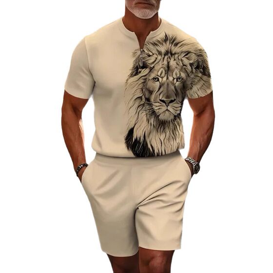 Independent Station European and American Cross-Border Summer Stand-Up Collar Half-Zip Short-Sleeved Shorts 3D Printed Men's Casual Sports Suit
