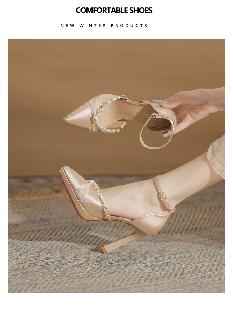 Sandal cao gót nữ Jin Gang YY10506 mũi nhọn hở mũi gót thô đế chống nước — Màu sâm panh chi tiết 19