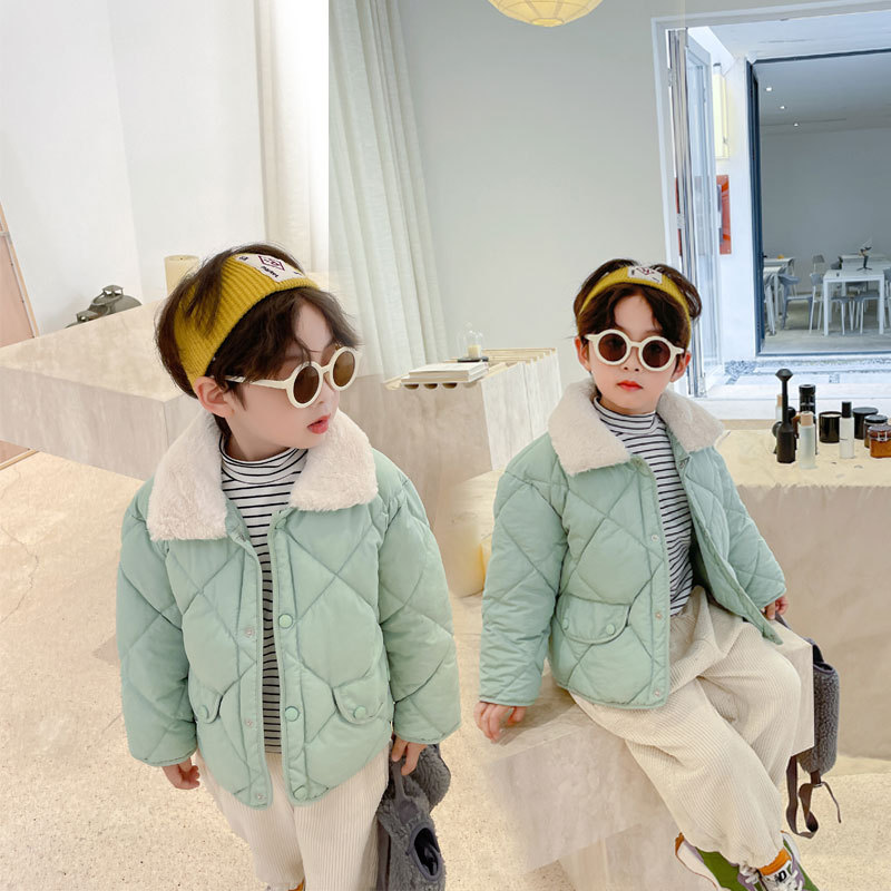 Children's winter new down and cotton jacket inner fleece-lined hooded plain color warm coat cotton coat for young children, unisex