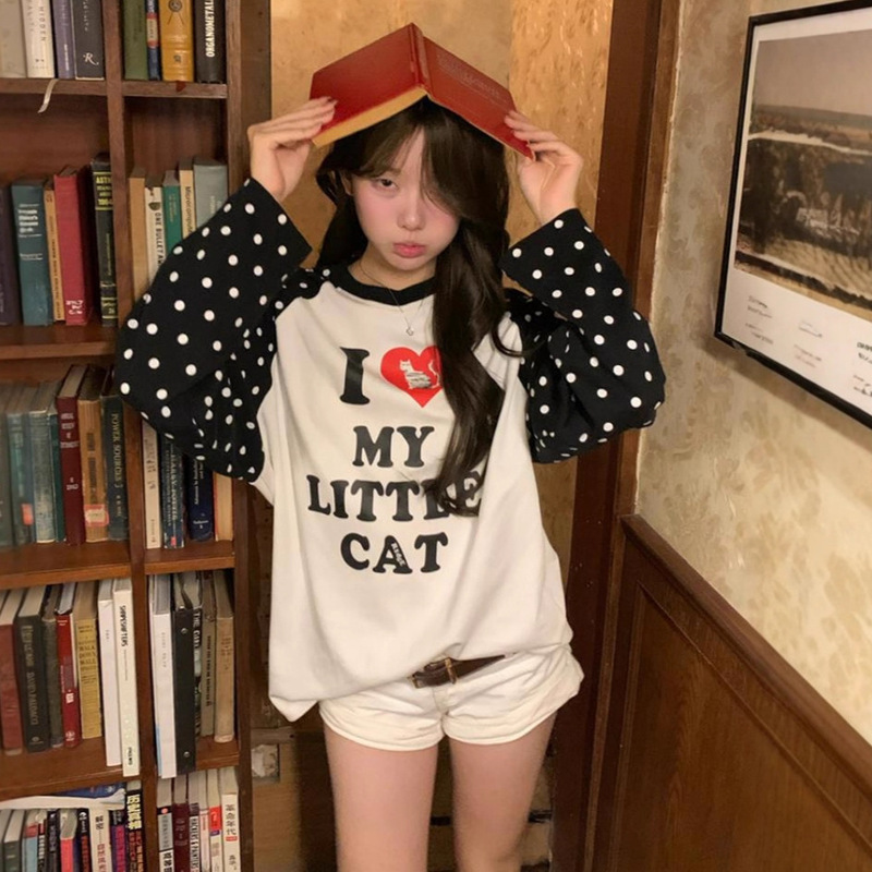 Autumn New Niche Design Polka Dot Letter Contrast Print Splicing Round Neck T-Shirt Sexy Pure Cotton Long-Sleeved Top