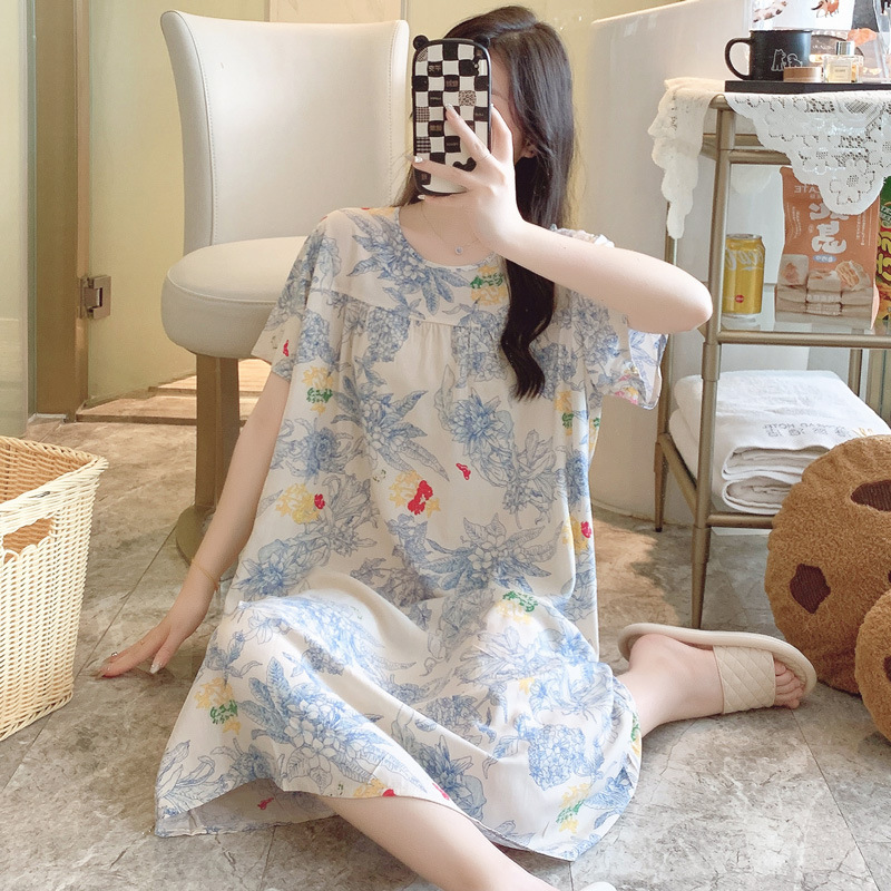 韓国スタイルの女性用の非常に長い綿シルクナイトガウン、半袖プラスサイズのパジャマ、夏の人工綿のゆったりとした快適なホームウェア|undefined